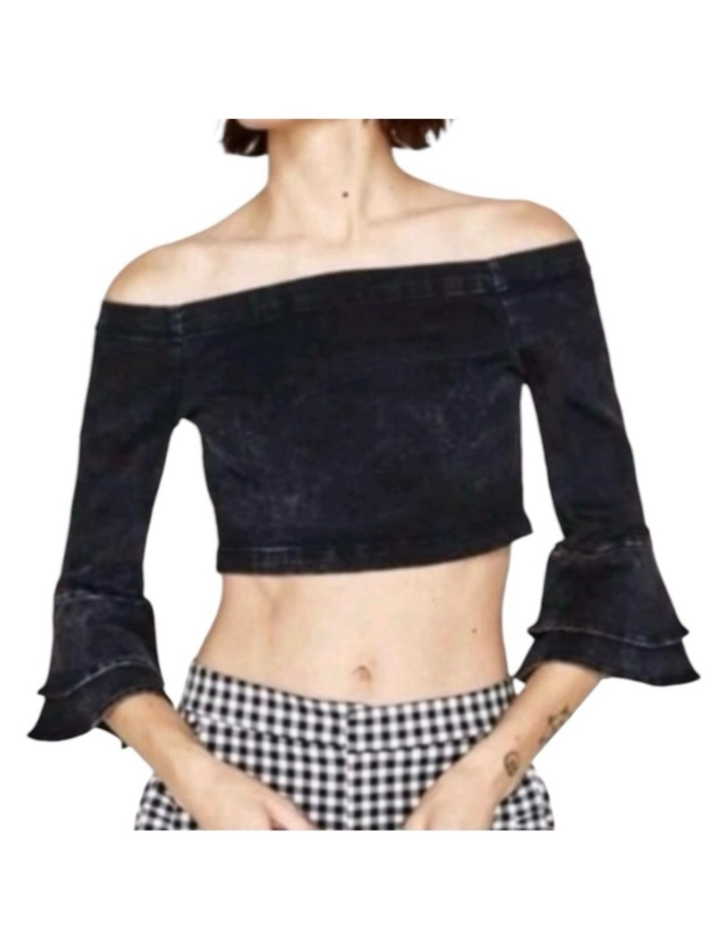 ZARA The Ruffle Blouse Off the shoulders Denim Bell sleeve Pullover Size Medium